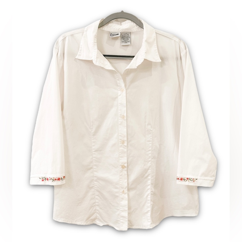 Capacity Woman Vintage Floral Embroidery White Button Down Shirt Size 1X